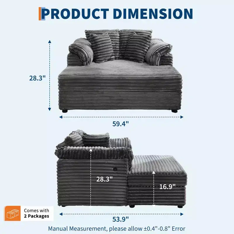 Poltrona chaise longue oversize da interno, comodo divano lounge in velluto a coste con ampi braccioli imbottiti e cuscini decorativi, accogliente divano letto per soggiorno