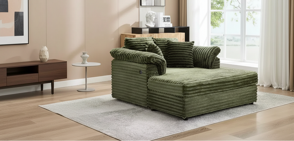 Poltrona chaise longue oversize da interno, comodo divano lounge in velluto a coste con ampi braccioli imbottiti e cuscini decorativi, accogliente divano letto per soggiorno