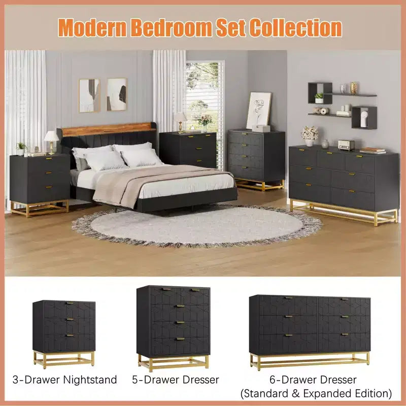 Cassettiera per Camera da Letto, Cassettiera Larga a 6 Cassetti in Legno con Gambe in Metallo, Organizzatore Moderno