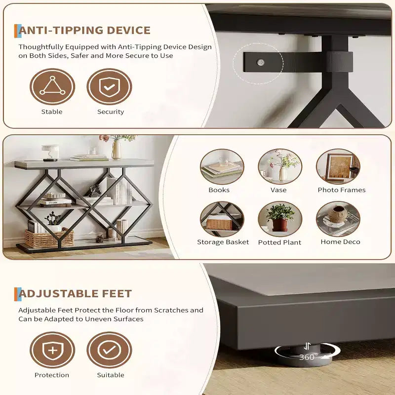 Tavolo Consolle a 3 Ripiani Industriale con Struttura Metallica a Forma di Diamante, Ripiani Aperti, Tavolino d'Appoggio per Soggiorno, Corridoio e Ingresso
