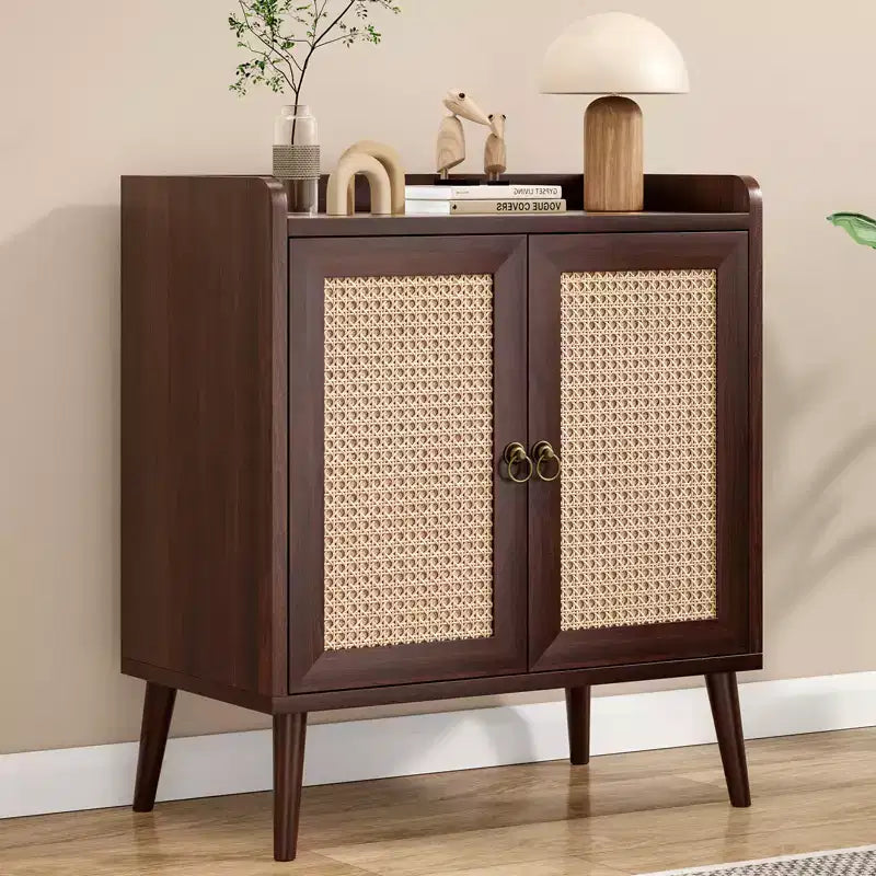 Credenza Buffet con Ante in Rattan, Mobile Contenitore Vintage per Sala da Pranzo, Soggiorno, Ingresso