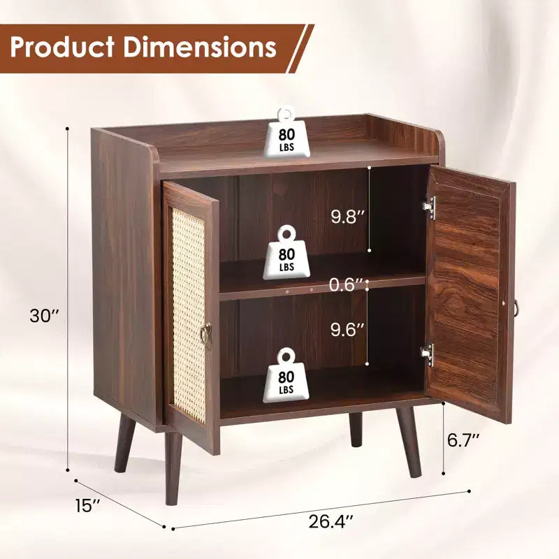 Credenza Buffet con Ante in Rattan, Mobile Contenitore Vintage per Sala da Pranzo, Soggiorno, Ingresso