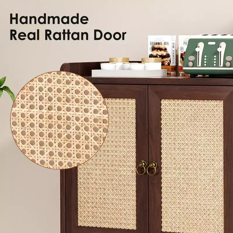 Credenza Buffet con Ante in Rattan, Mobile Contenitore Vintage per Sala da Pranzo, Soggiorno, Ingresso