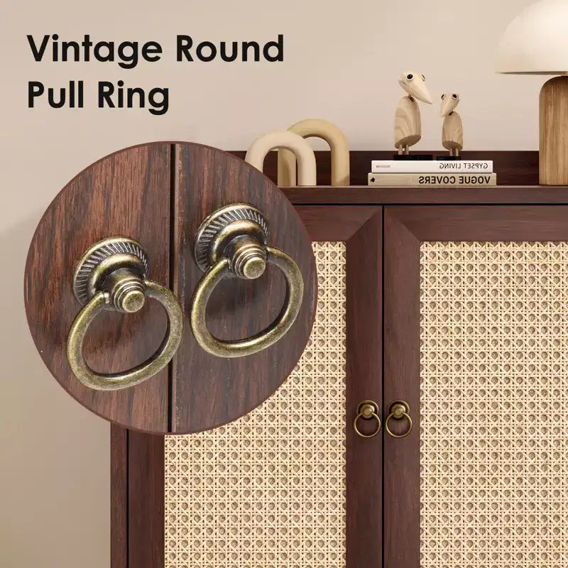 Credenza Buffet con Ante in Rattan, Mobile Contenitore Vintage per Sala da Pranzo, Soggiorno, Ingresso