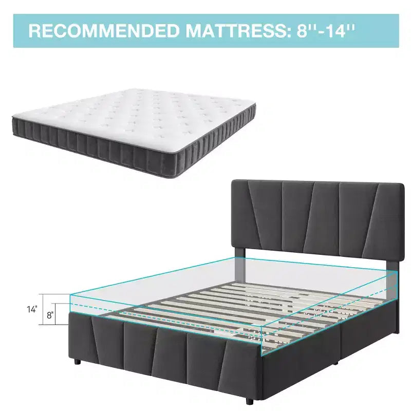 Struttura letto imbottita con testiera regolabile, cassetti portaoggetti multipli, struttura letto in legno, materasso senza molle, mobili moderni per la camera da letto