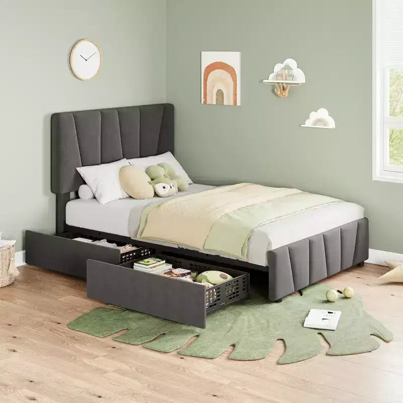 Upholstered bed frame with adjustable headboard  multiple storage drawers  wooden bed frame  springless mattress  modern bedroom furniture