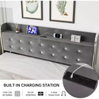 Gray Velvet Platform Bed with 4 Storage Drawers for Approx. 152 × 203 cm Mattress
