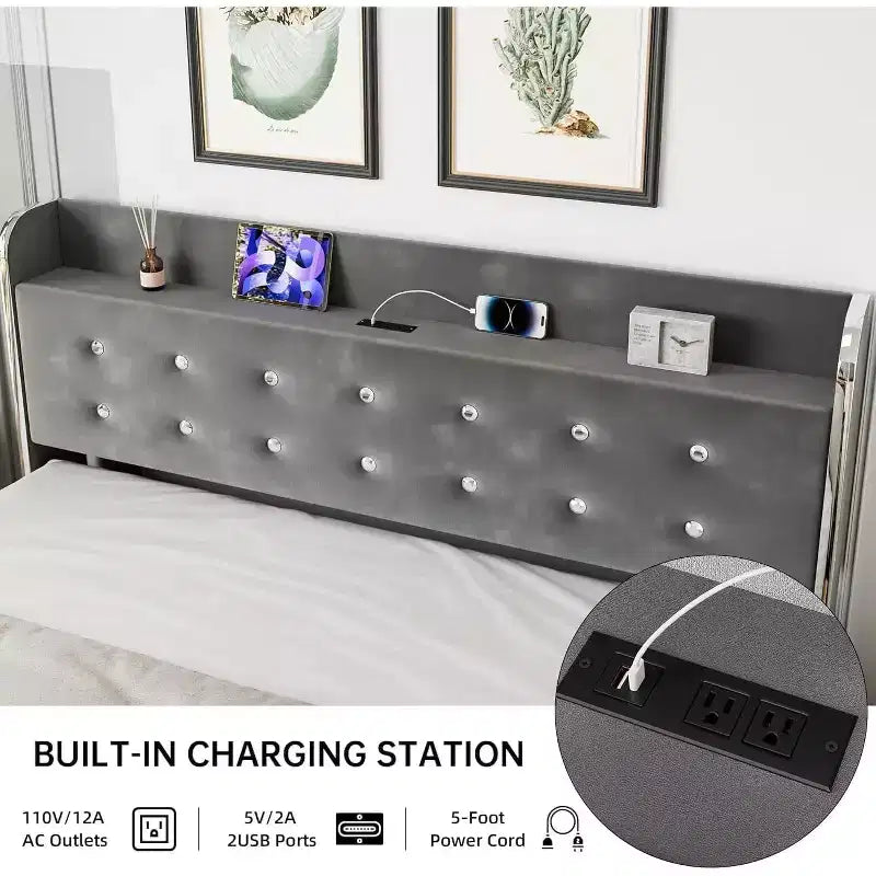 Bed Frame with 4 Storage Drawers, Velvet Upholstered Platform1000lbs Support, GrayQUEEN