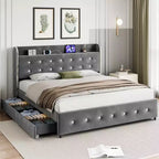 Letto a piattaforma in velluto grigio con 4 cassetti contenitore per materasso di circa 152 × 203 cm