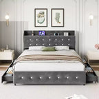 Letto a piattaforma in velluto grigio con 4 cassetti contenitore per materasso di circa 152 × 203 cm