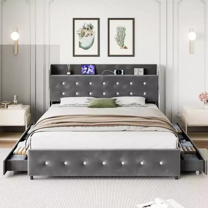 Struttura Letto con 4 Cassetti Contenitori, Piattaforma Rivestita in Velluto, Supporto 450 kg, GrigioQUEEN
