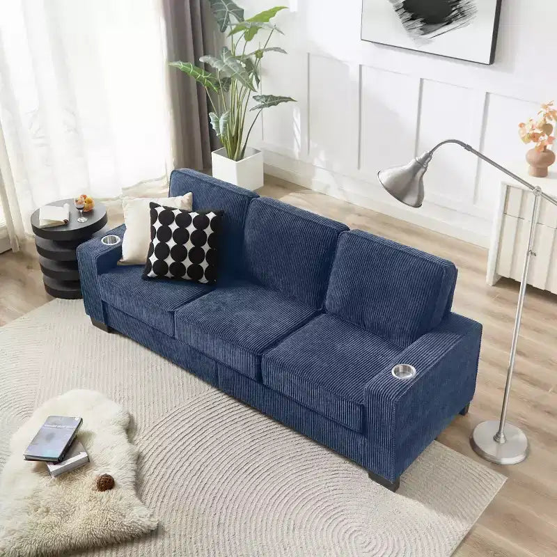 Divano a tre posti 83 Corduroy con portabicchieri, moderno e morbido divano Cloud per soggiorni, appartamenti compatti e uffici