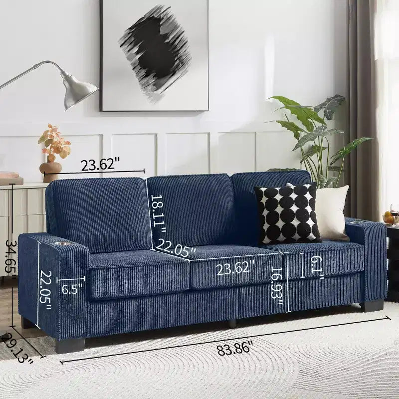 Divano a tre posti 83 Corduroy con portabicchieri, moderno e morbido divano Cloud per soggiorni, appartamenti compatti e uffici