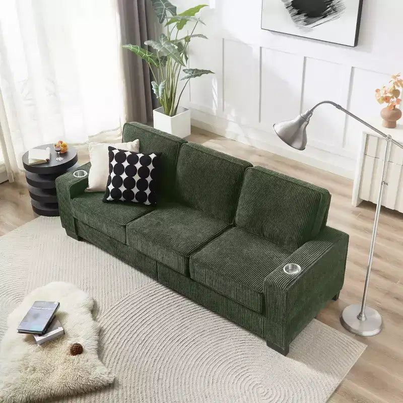 Divano a tre posti 83 Corduroy con portabicchieri, moderno e morbido divano Cloud per soggiorni, appartamenti compatti e uffici