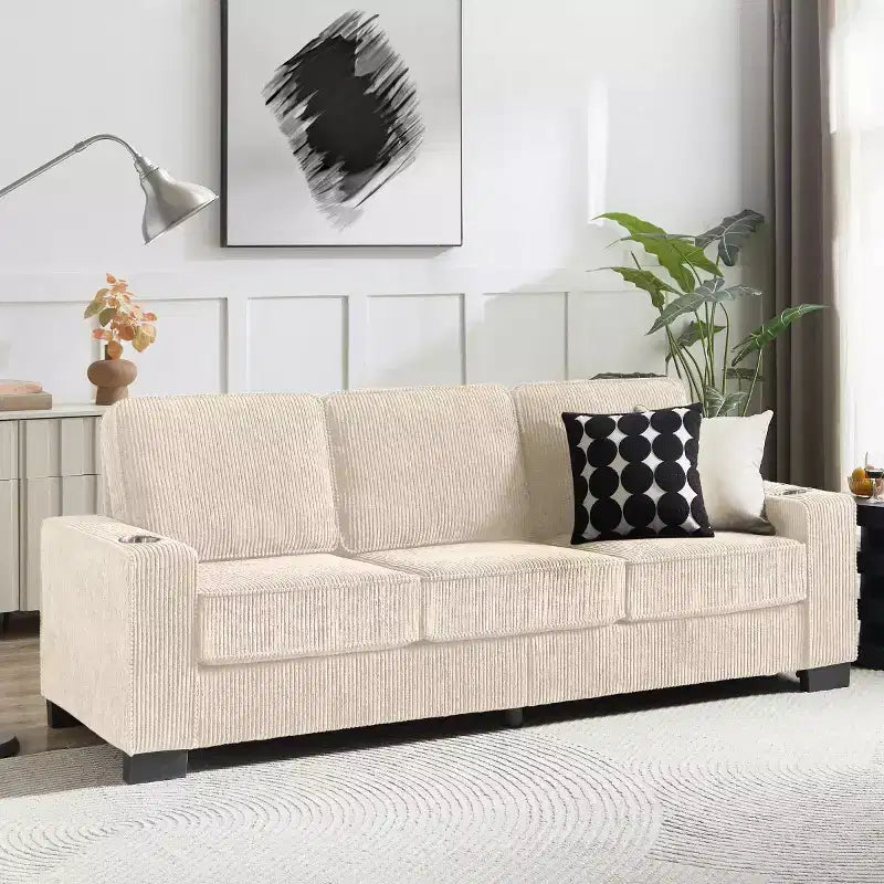 83 Corduroy Three-Seat Sofa with Cup Holders, Plush Modern Cloud Couch for Living Rooms, Compact Apartments, and Office Spaces-Panipeachy