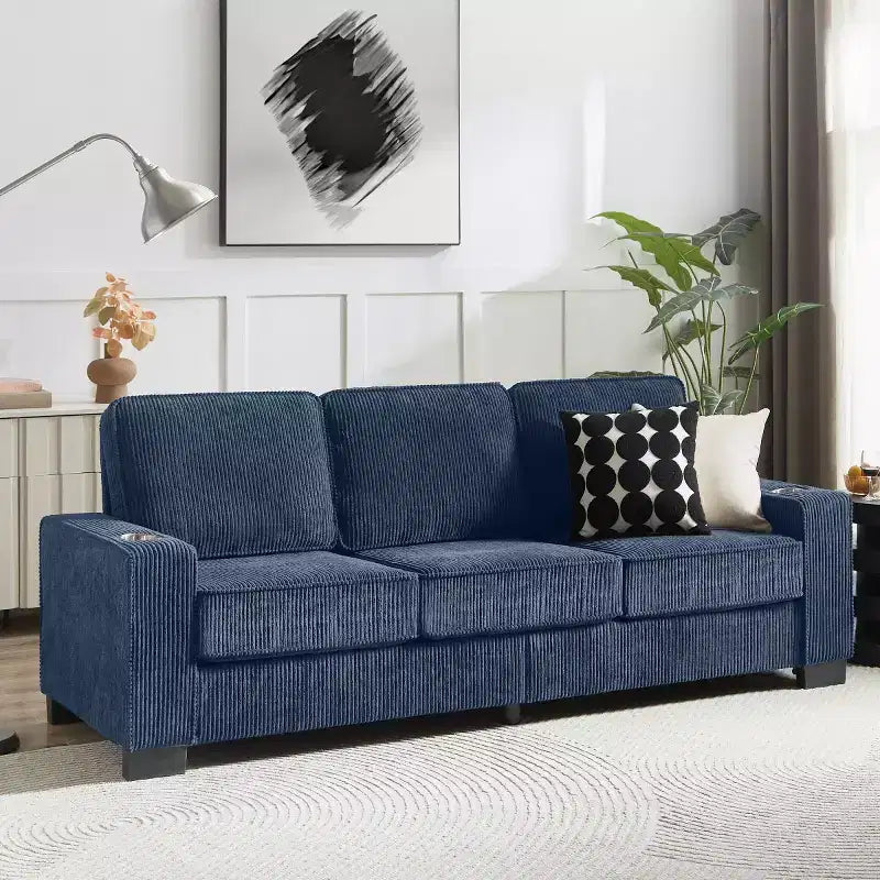 Divano a tre posti 83 Corduroy con portabicchieri, moderno e morbido divano Cloud per soggiorni, appartamenti compatti e uffici