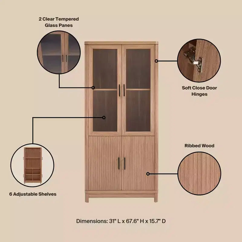 Aveline Libreria mobile con 2 ante in vetro e 6 ripiani regolabili, stile moderno metà secolo, 80 cm