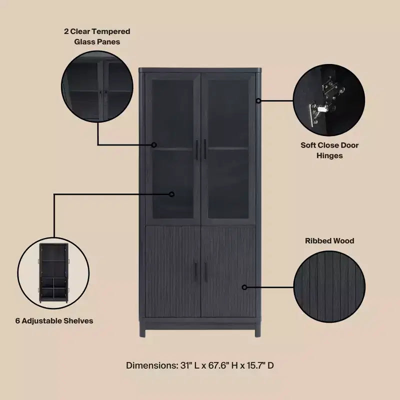 Aveline Libreria mobile con 2 ante in vetro e 6 ripiani regolabili, stile moderno metà secolo, 80 cm