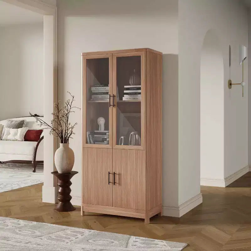 Aveline Libreria mobile con 2 ante in vetro e 6 ripiani regolabili, stile moderno metà secolo, 80 cm