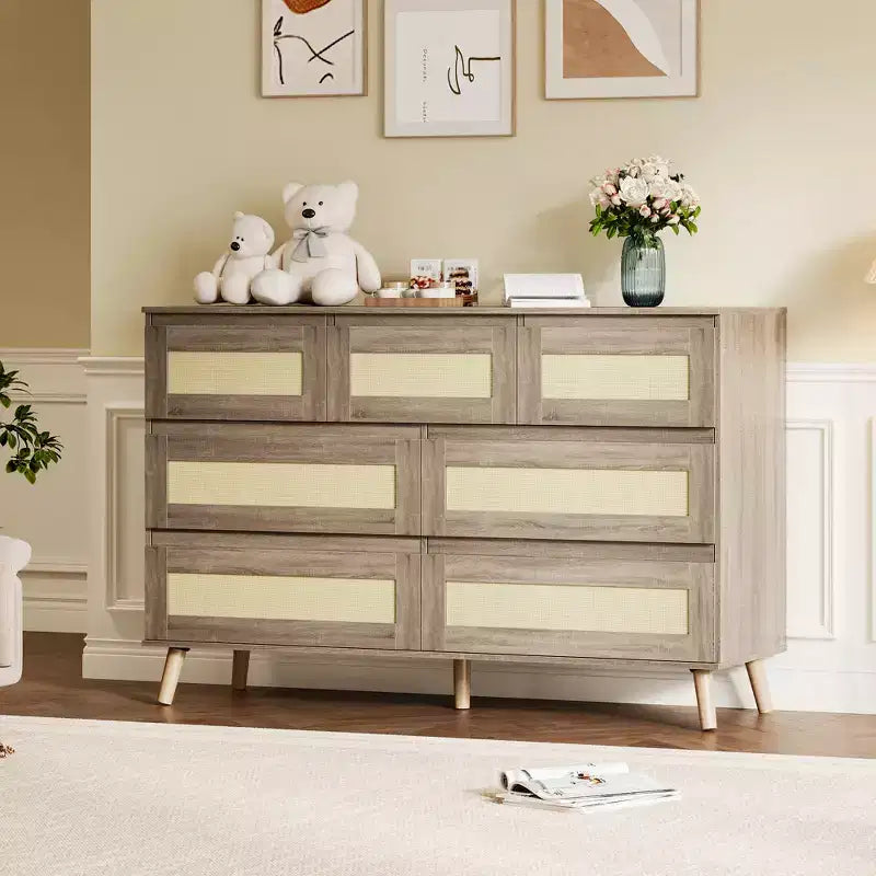 Cassettiera moderna a 7 cassetti in rattan, mobile contenitore in legno per camera da letto, cameretta, soggiorno o ingresso, per organizzare i vestiti