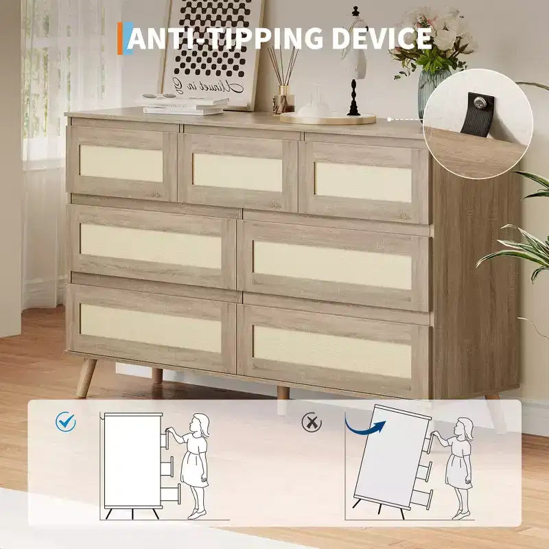 Cassettiera moderna a 7 cassetti in rattan, mobile contenitore in legno per camera da letto, cameretta, soggiorno o ingresso, per organizzare i vestiti
