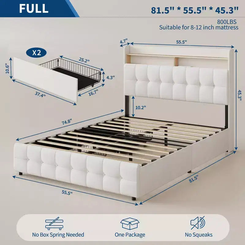 Struttura letto imbottita con contenitore e 2 cassetti, rivestimento in tessuto felpato, con rete a doghe in metallo, non necessita di rete a molle
