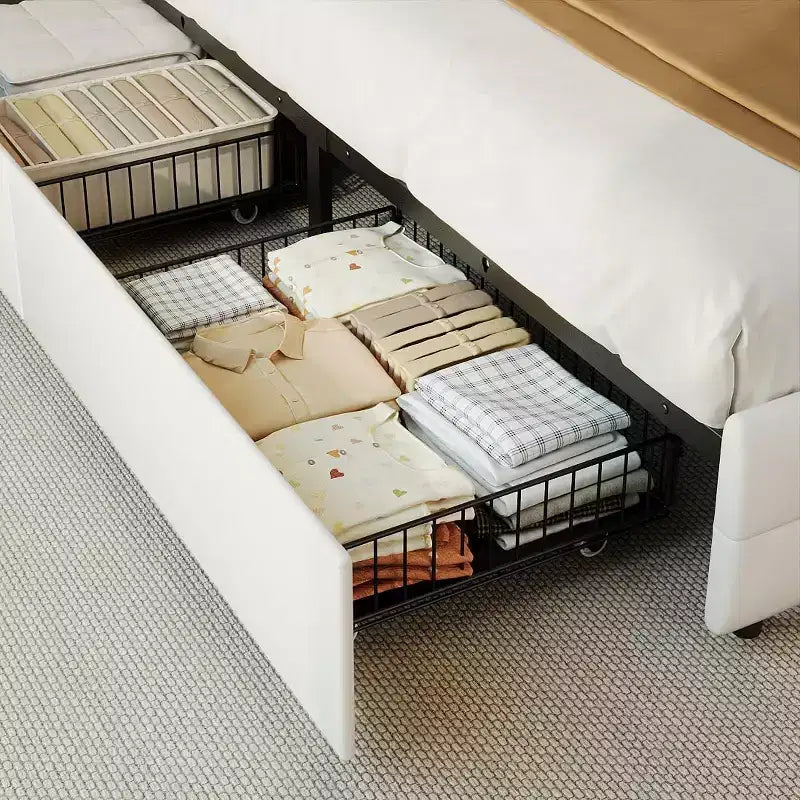 Struttura letto imbottita con contenitore e 2 cassetti, rivestimento in tessuto felpato, con rete a doghe in metallo, non necessita di rete a molle