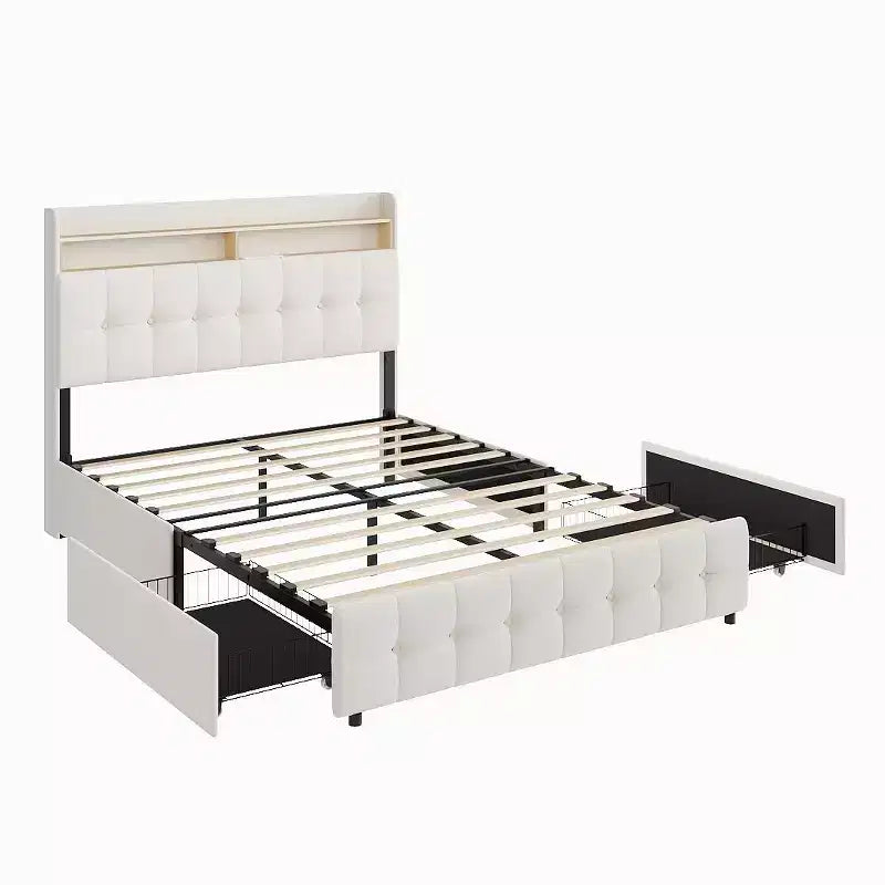 Struttura letto imbottita con contenitore e 2 cassetti, rivestimento in tessuto felpato, con rete a doghe in metallo, non necessita di rete a molle