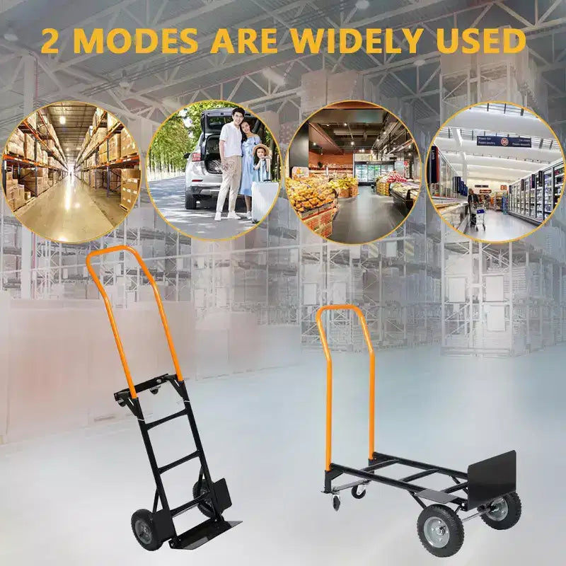 Carrello Piattaforma Industriale 2-in-1, Carrello Pesante con Manico Telescopico e Ruote Girevoli Bloccabili per Magazzino e Traslochi
