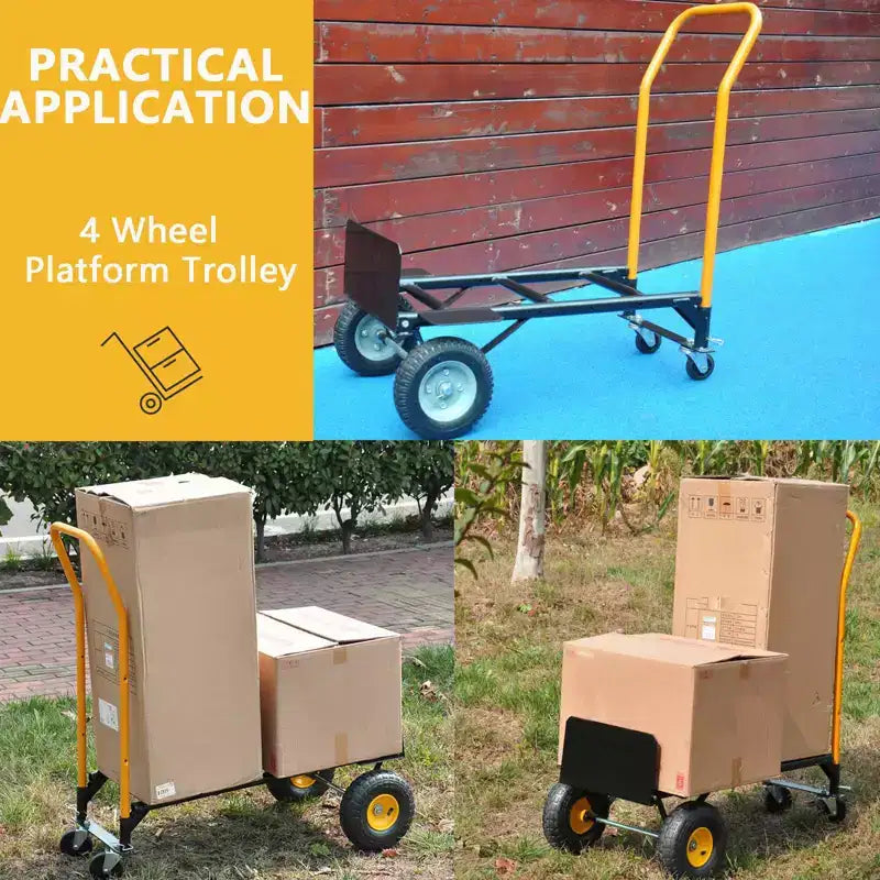 Carrello Piattaforma Industriale 2-in-1, Carrello Pesante con Manico Telescopico e Ruote Girevoli Bloccabili per Magazzino e Traslochi