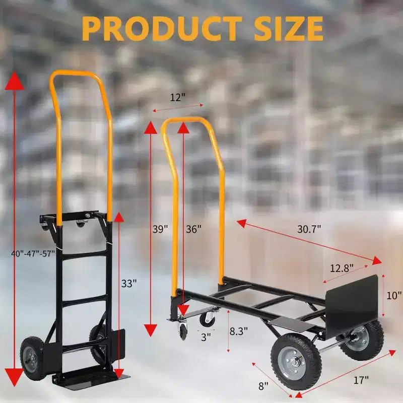 Carrello Piattaforma Industriale 2-in-1, Carrello Pesante con Manico Telescopico e Ruote Girevoli Bloccabili per Magazzino e Traslochi