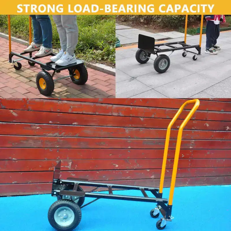 Carrello Piattaforma Industriale 2-in-1, Carrello Pesante con Manico Telescopico e Ruote Girevoli Bloccabili per Magazzino e Traslochi
