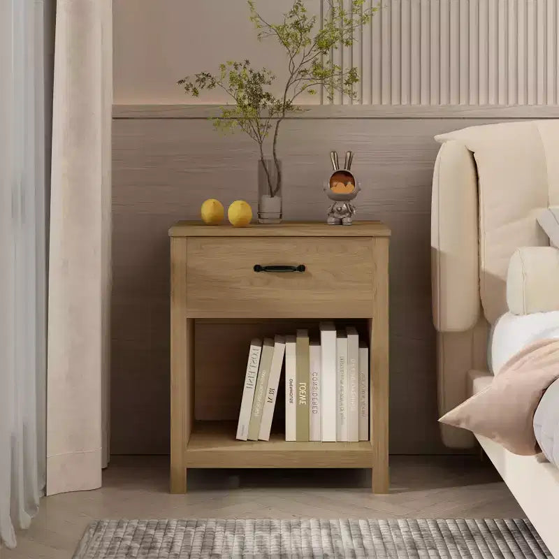 Comodino minimalista con cassetto e ripiano aperto, tavolino moderno per camera da letto o soggiorno