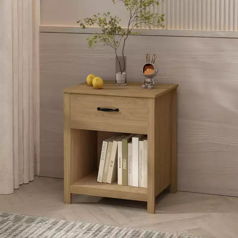 Comodino minimalista con cassetto e ripiano aperto, tavolino moderno per camera da letto o soggiorno