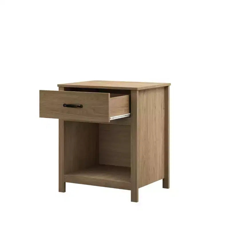 Comodino minimalista con cassetto e ripiano aperto, tavolino moderno per camera da letto o soggiorno