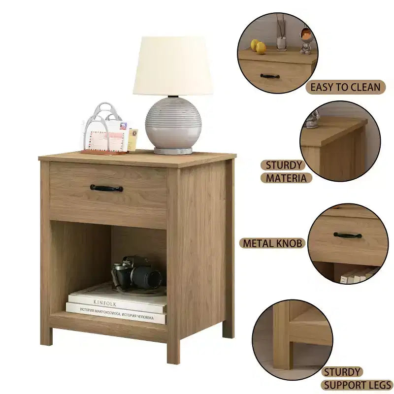 Comodino minimalista con cassetto e ripiano aperto, tavolino moderno per camera da letto o soggiorno