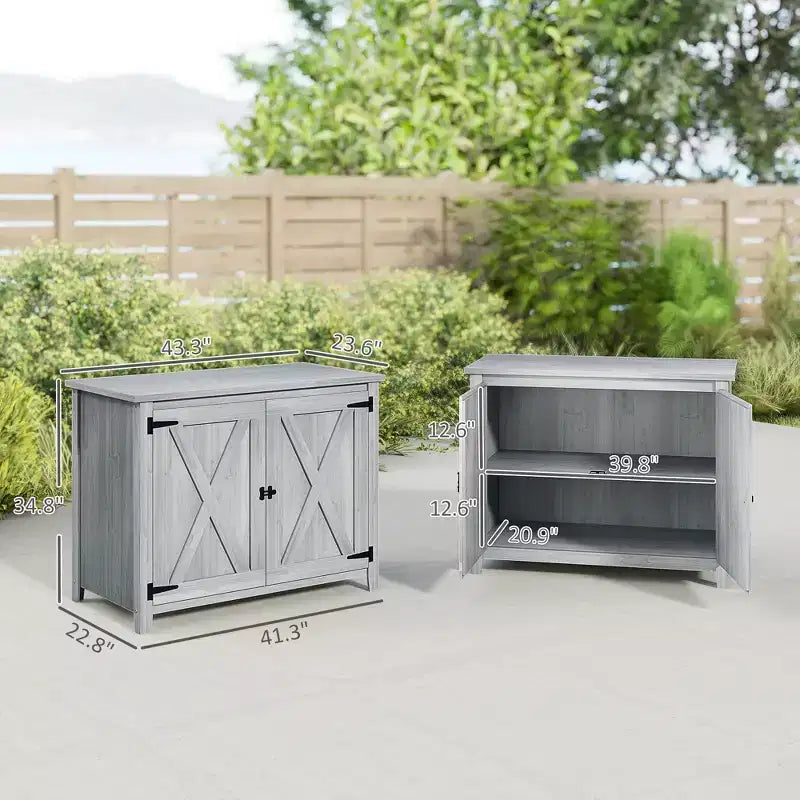 Wooden Outdoor Storage Cabinet, Garden Shed Potting Shed with Shelf and Double Doors, Light Gray