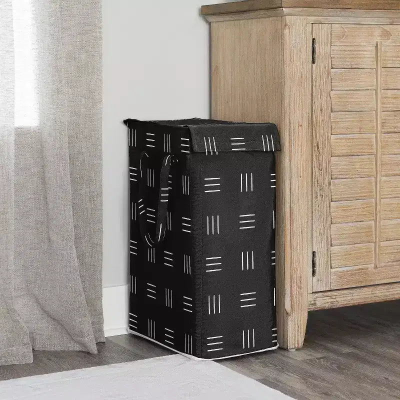 Cesto portabiancheria pieghevole per bambino, bambina, unisex/neutro con maniglie, motivo Boho a tratteggio bianco e nero