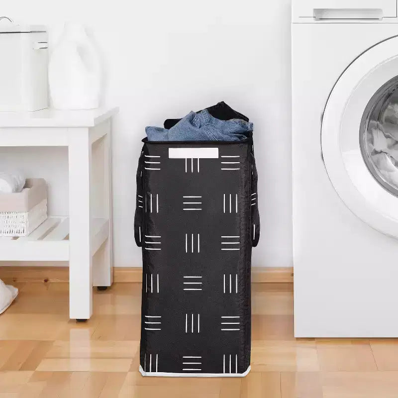 Cesto portabiancheria pieghevole per bambino, bambina, unisex/neutro con maniglie, motivo Boho a tratteggio bianco e nero