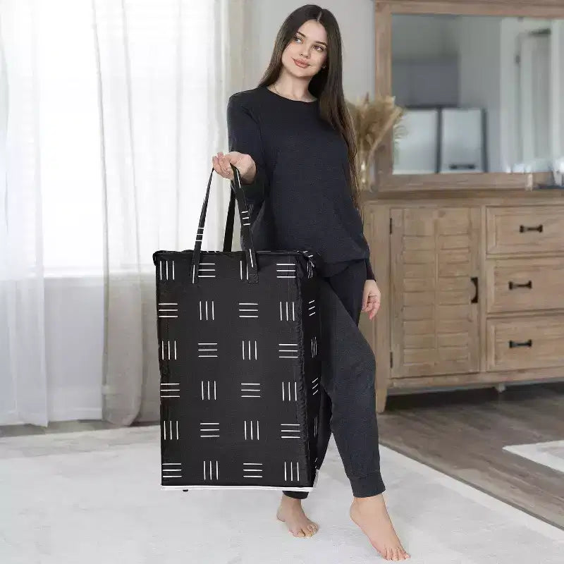 Cesto portabiancheria pieghevole per bambino, bambina, unisex/neutro con maniglie, motivo Boho a tratteggio bianco e nero