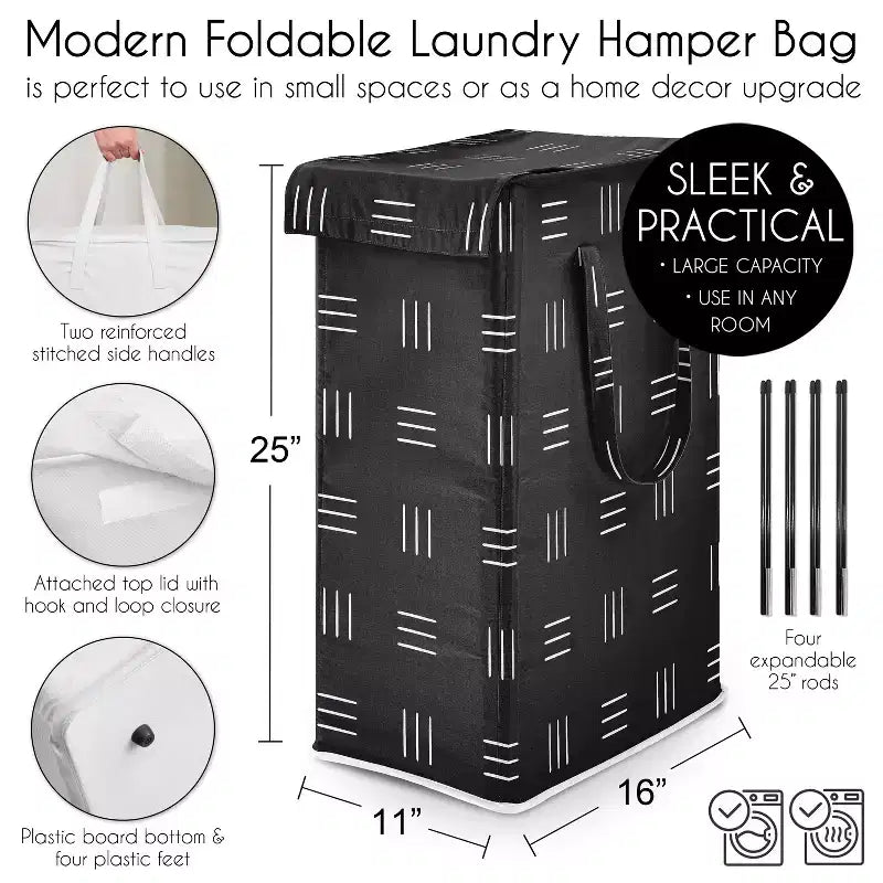 Cesto portabiancheria pieghevole per bambino, bambina, unisex/neutro con maniglie, motivo Boho a tratteggio bianco e nero