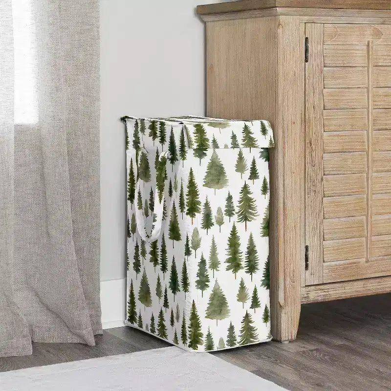 Cesto Portabiancheria Pieghevole con Manici per Bambino, Bambina, Unisex/Neutro con Fantasia Alberi di Pino Verde e Bianco