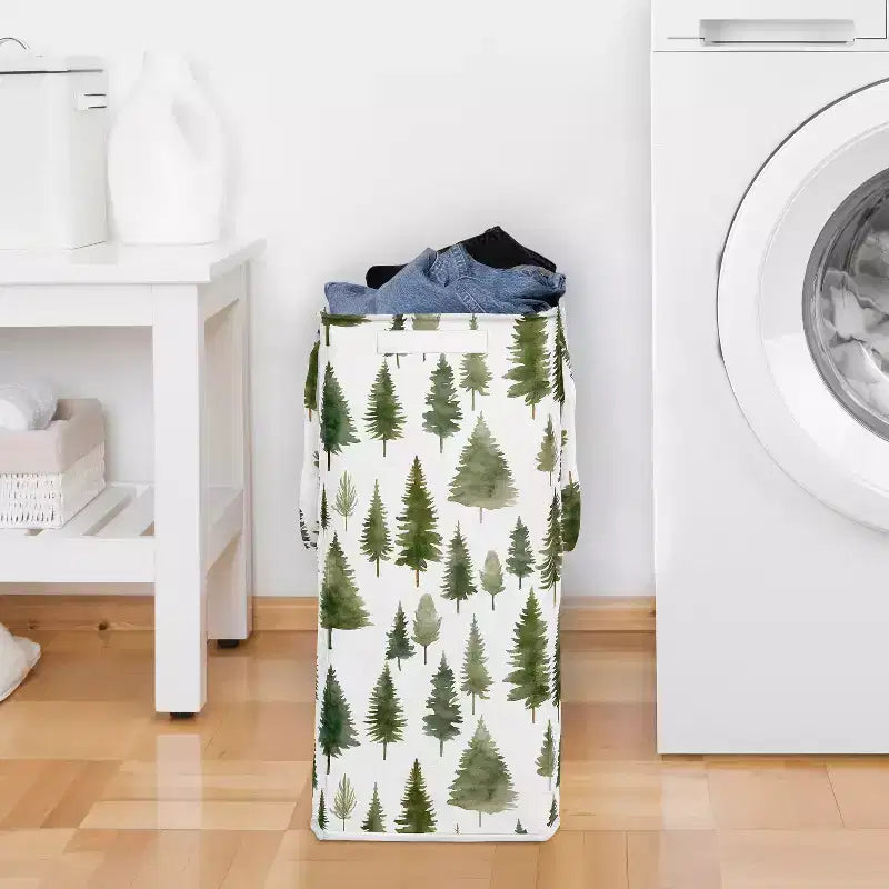 Cesto Portabiancheria Pieghevole con Manici per Bambino, Bambina, Unisex/Neutro con Fantasia Alberi di Pino Verde e Bianco