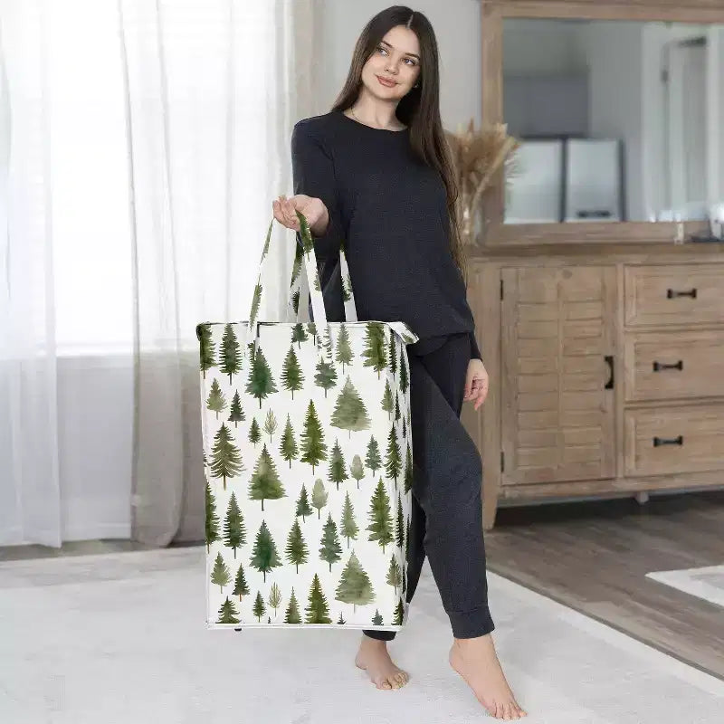 Cesto Portabiancheria Pieghevole con Manici per Bambino, Bambina, Unisex/Neutro con Fantasia Alberi di Pino Verde e Bianco