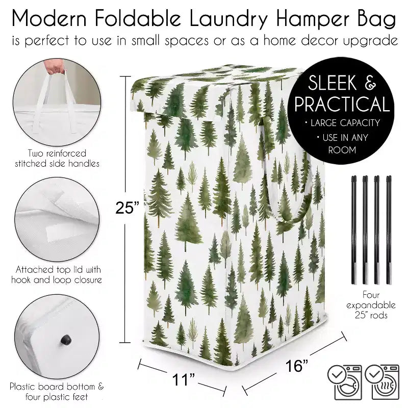 Cesto Portabiancheria Pieghevole con Manici per Bambino, Bambina, Unisex/Neutro con Fantasia Alberi di Pino Verde e Bianco