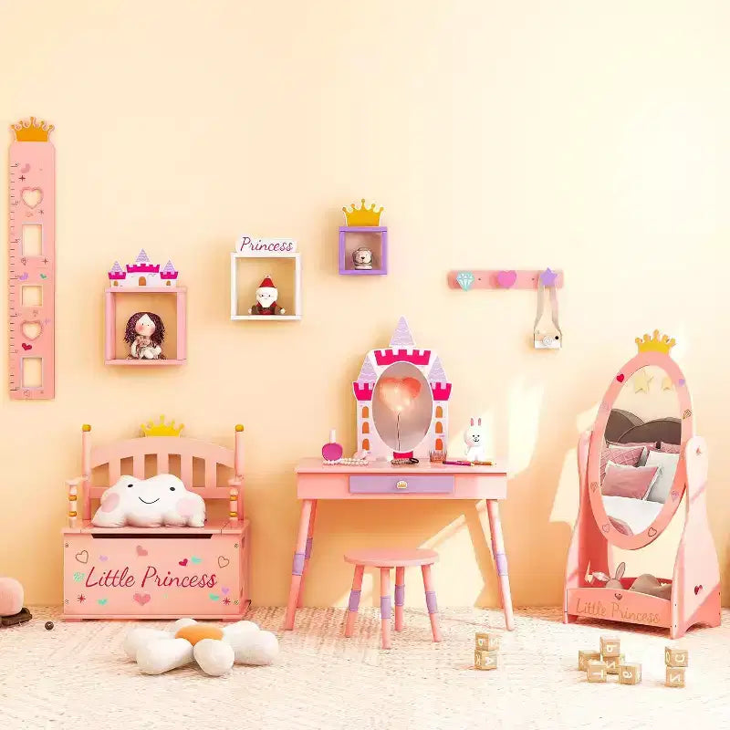 Set da Toeletta per Bambini Rosa, Castello, Tavolo e Sedia da Toeletta con Specchio e Cassetto, Gioco di Imitazione
