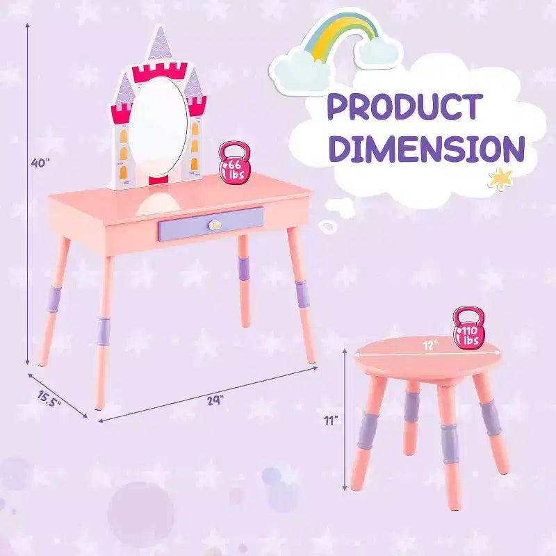 Set da Toeletta per Bambini Rosa, Castello, Tavolo e Sedia da Toeletta con Specchio e Cassetto, Gioco di Imitazione