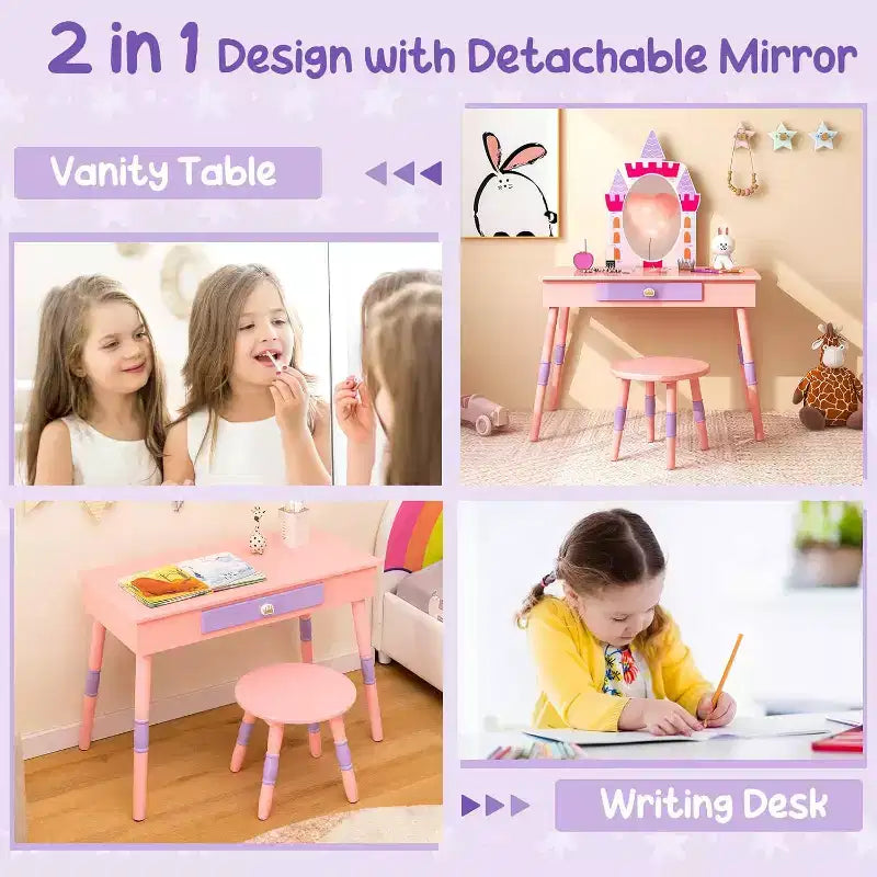 Set da Toeletta per Bambini Rosa, Castello, Tavolo e Sedia da Toeletta con Specchio e Cassetto, Gioco di Imitazione