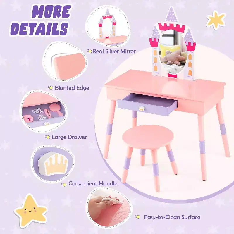 Set da Toeletta per Bambini Rosa, Castello, Tavolo e Sedia da Toeletta con Specchio e Cassetto, Gioco di Imitazione