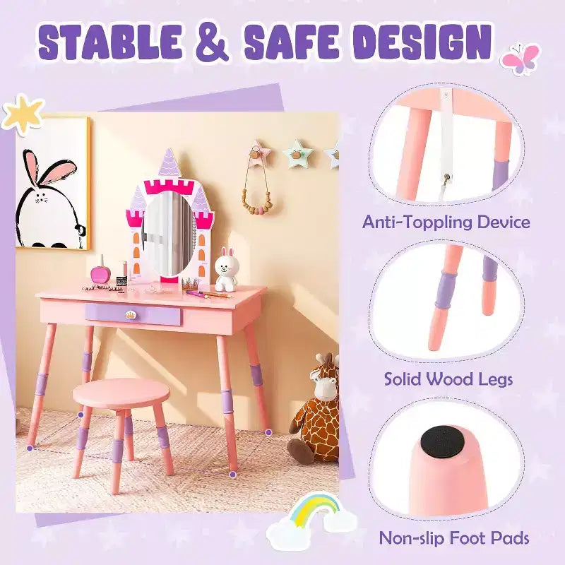 Set da Toeletta per Bambini Rosa, Castello, Tavolo e Sedia da Toeletta con Specchio e Cassetto, Gioco di Imitazione